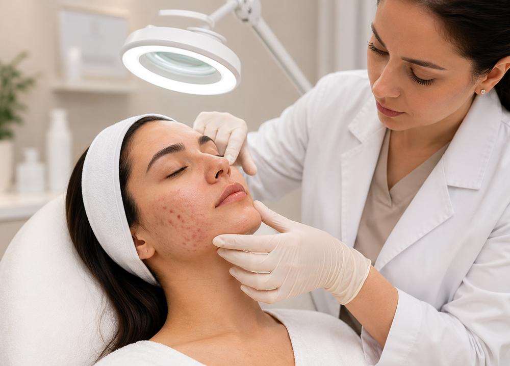 Dermatologist treating acne and acne scars at Yoland clinic in Nadd Al Hamar, Dubai